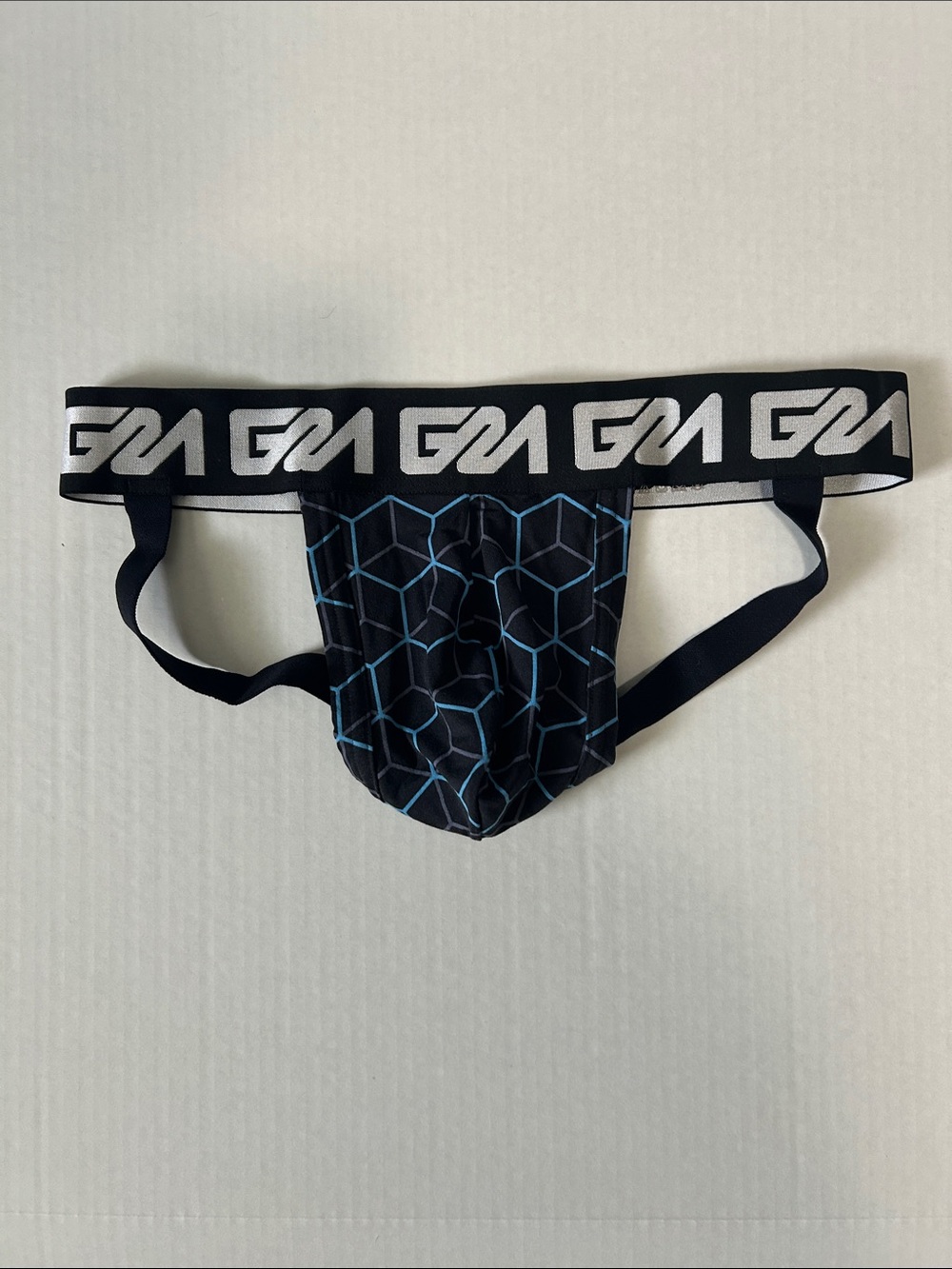 Comme des Garcons Black Jockstrap with Light Blue Geometric Print